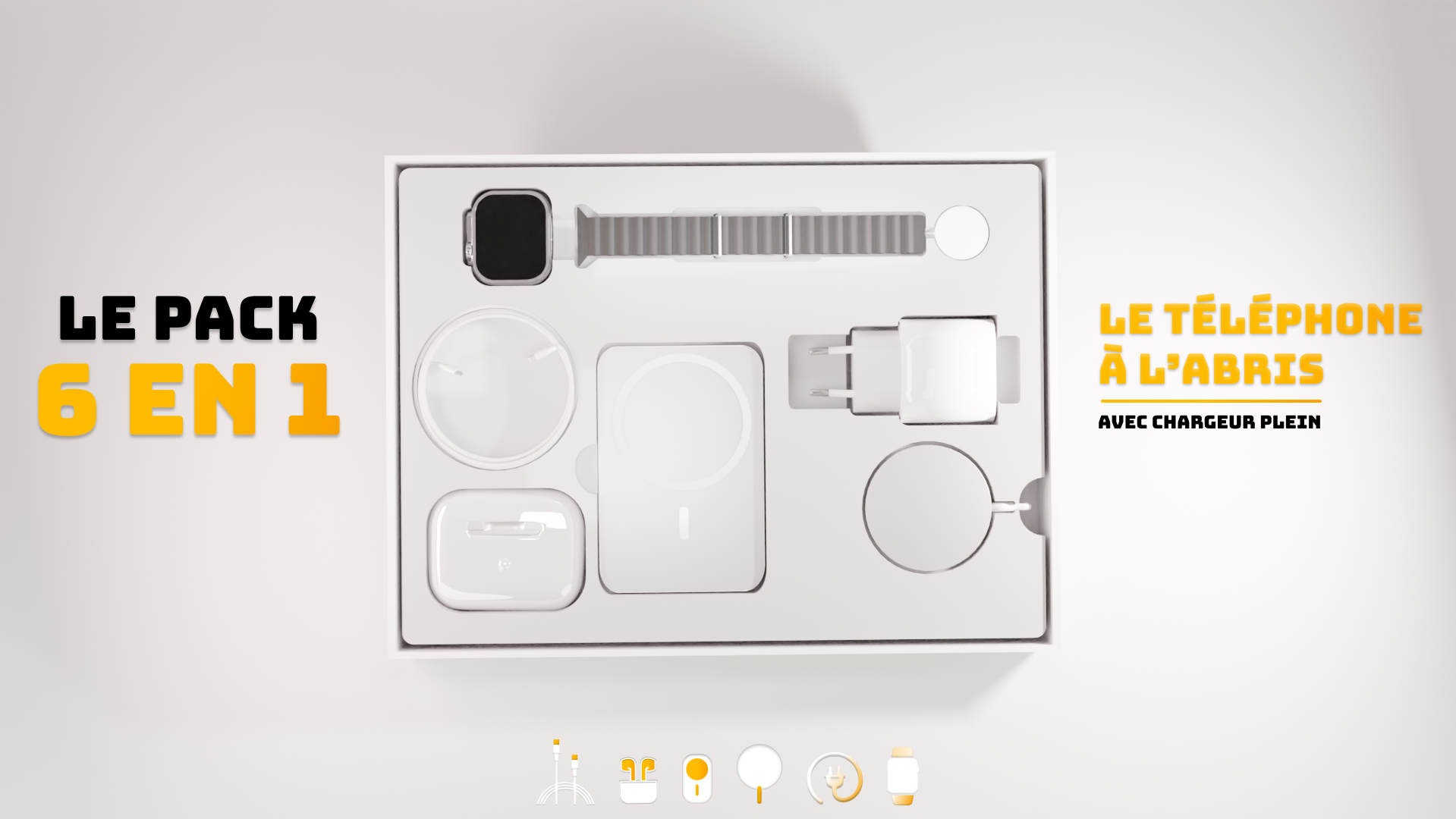 Pack Chargeurs 6 en 1 CHEZSAMOS : montre connectée, chargeur magnétique, batterie externe, écouteurs Bluetooth, bracelet titane, chargeur USB-C