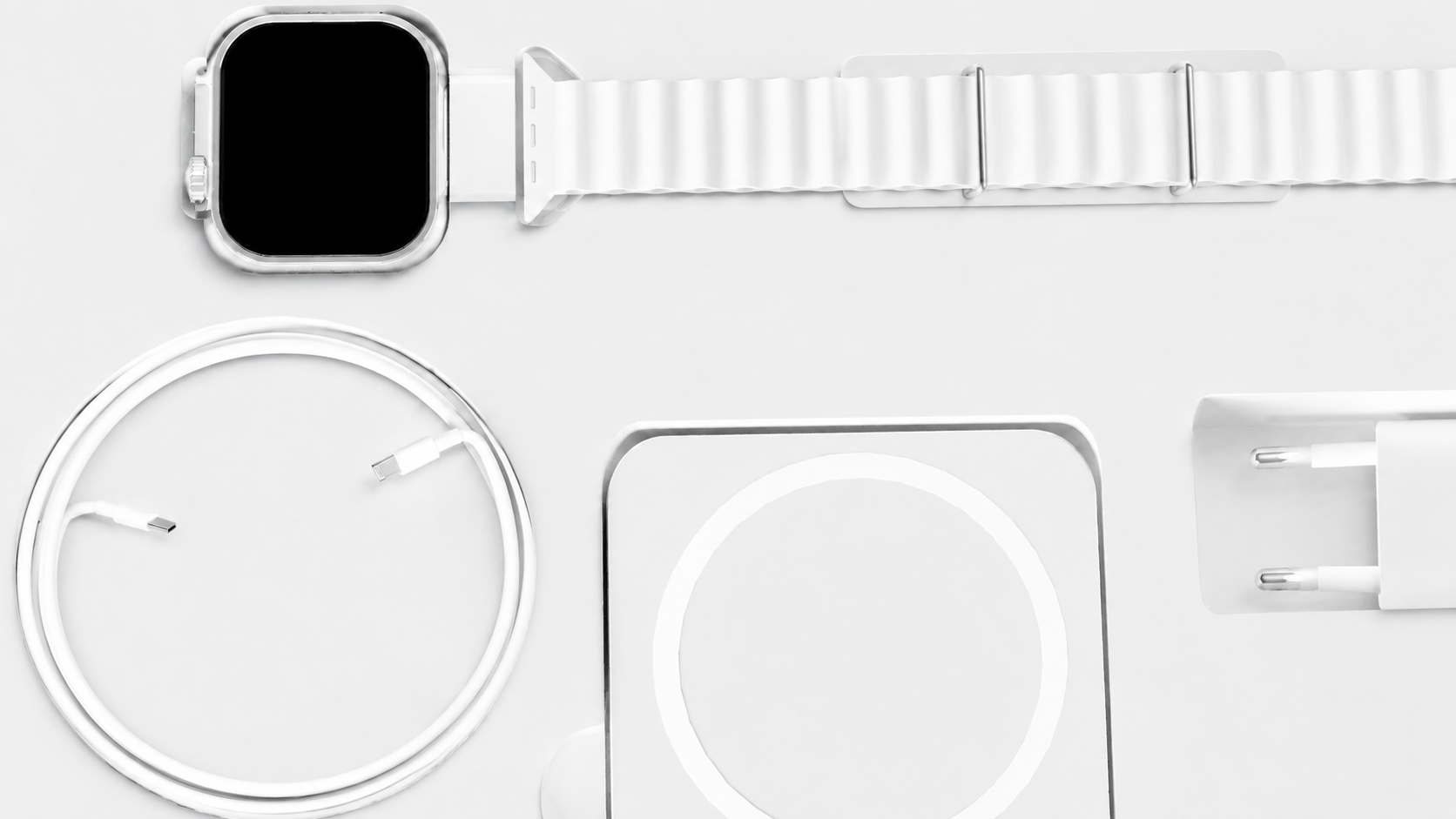 Vue d'ensemble du Pack Chargeur 6-en-1 — Apple Watch, bracelet, MagSafe, câble USB-C