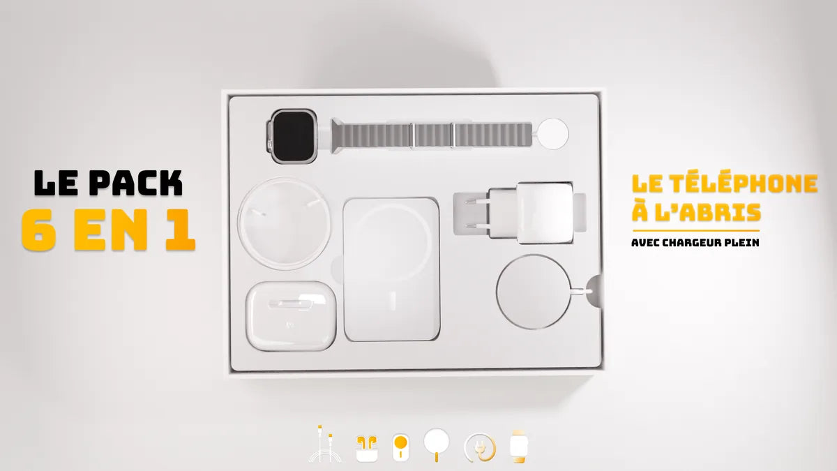Pack Chargeurs 6 en 1 CHEZSAMOS : montre connectée, chargeur magnétique, batterie externe, écouteurs Bluetooth, bracelet titane, chargeur USB-C