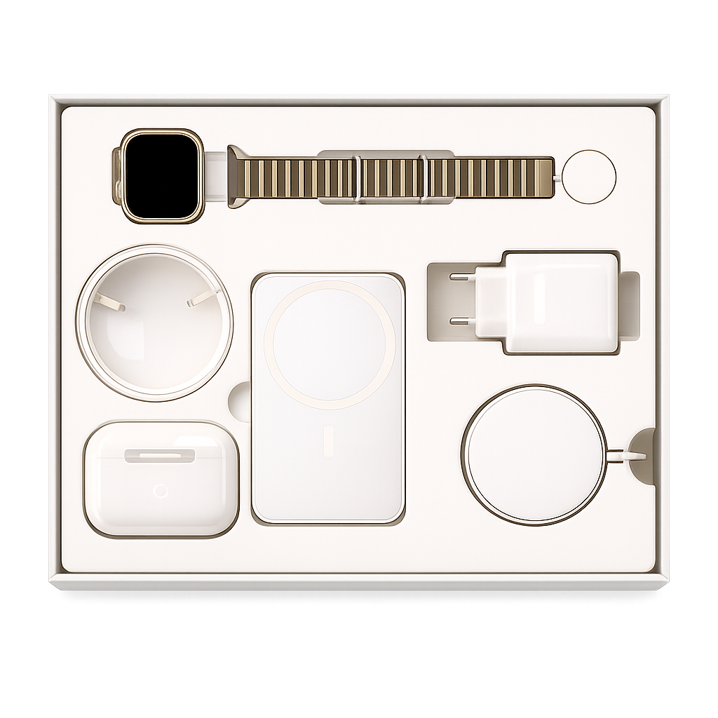 Pack Chargeurs 6 en 1 CHEZSAMOS, coffret complet avec montre connectée, chargeur magnétique, batterie externe, écouteurs Bluetooth, bracelet titane et chargeur USB-C